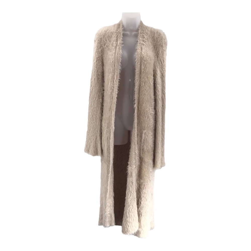 Free People Hampton Beige Shaggy Open Front Long Duster Cardigan Size M Pockets